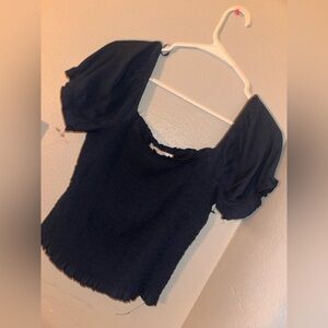 Blue Smocked Ruffled Blouse with Short Sleeves